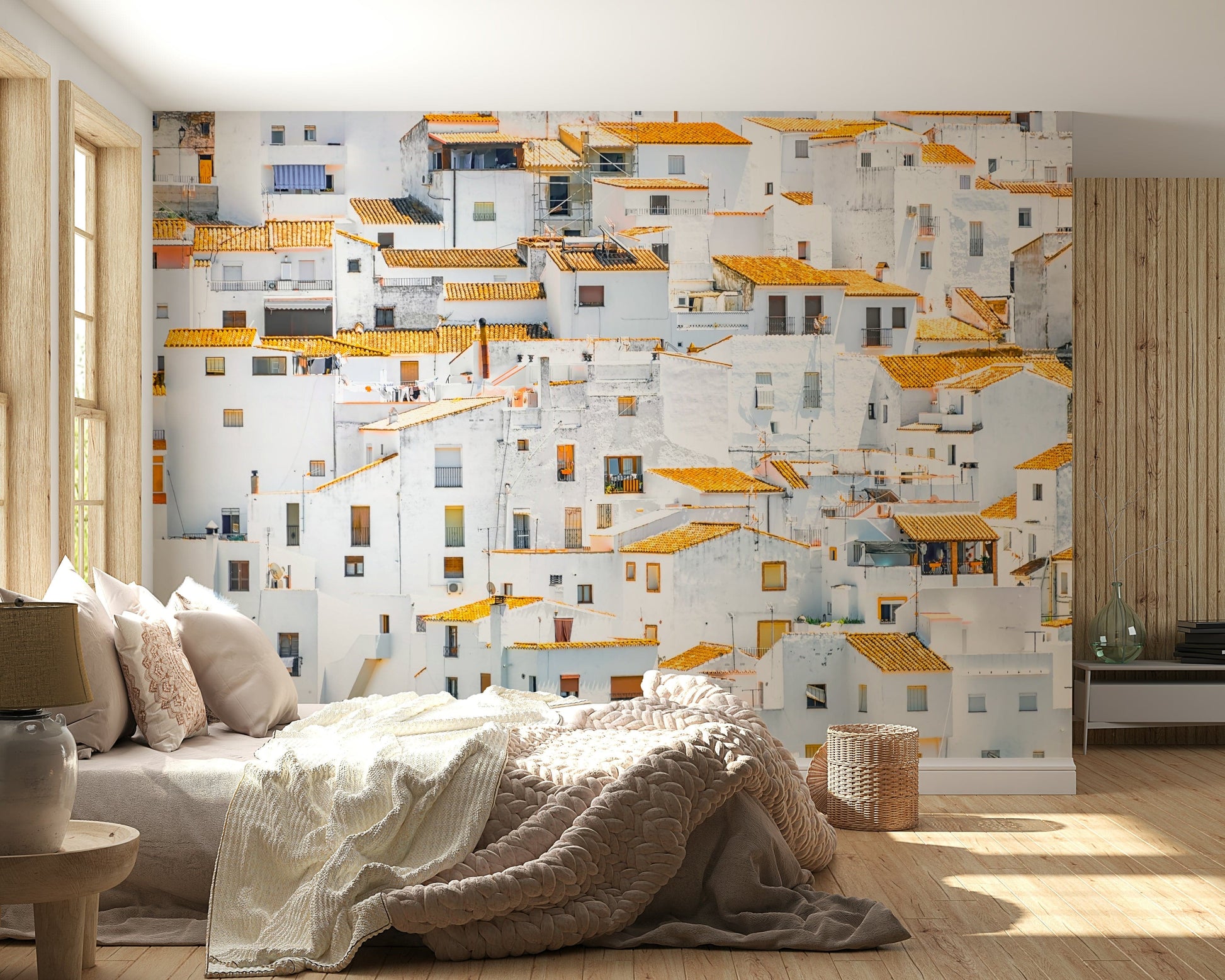 Andalusian Village white stucco homes rooftop wallpaper for walls.