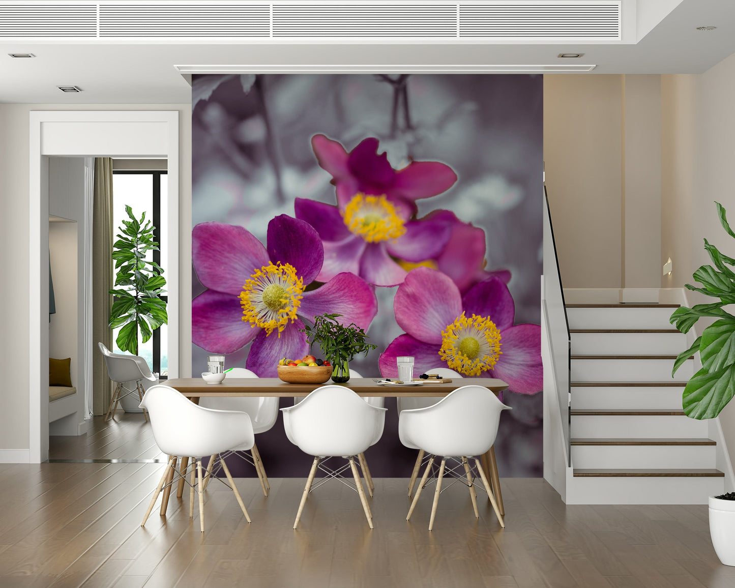Anemone flowers wallpaper mural behind sofa, modern botanical look, soft color palette