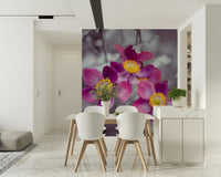 Close-up anemone floral wall mural for bedroom, soft color shading, minimal modern backdrop