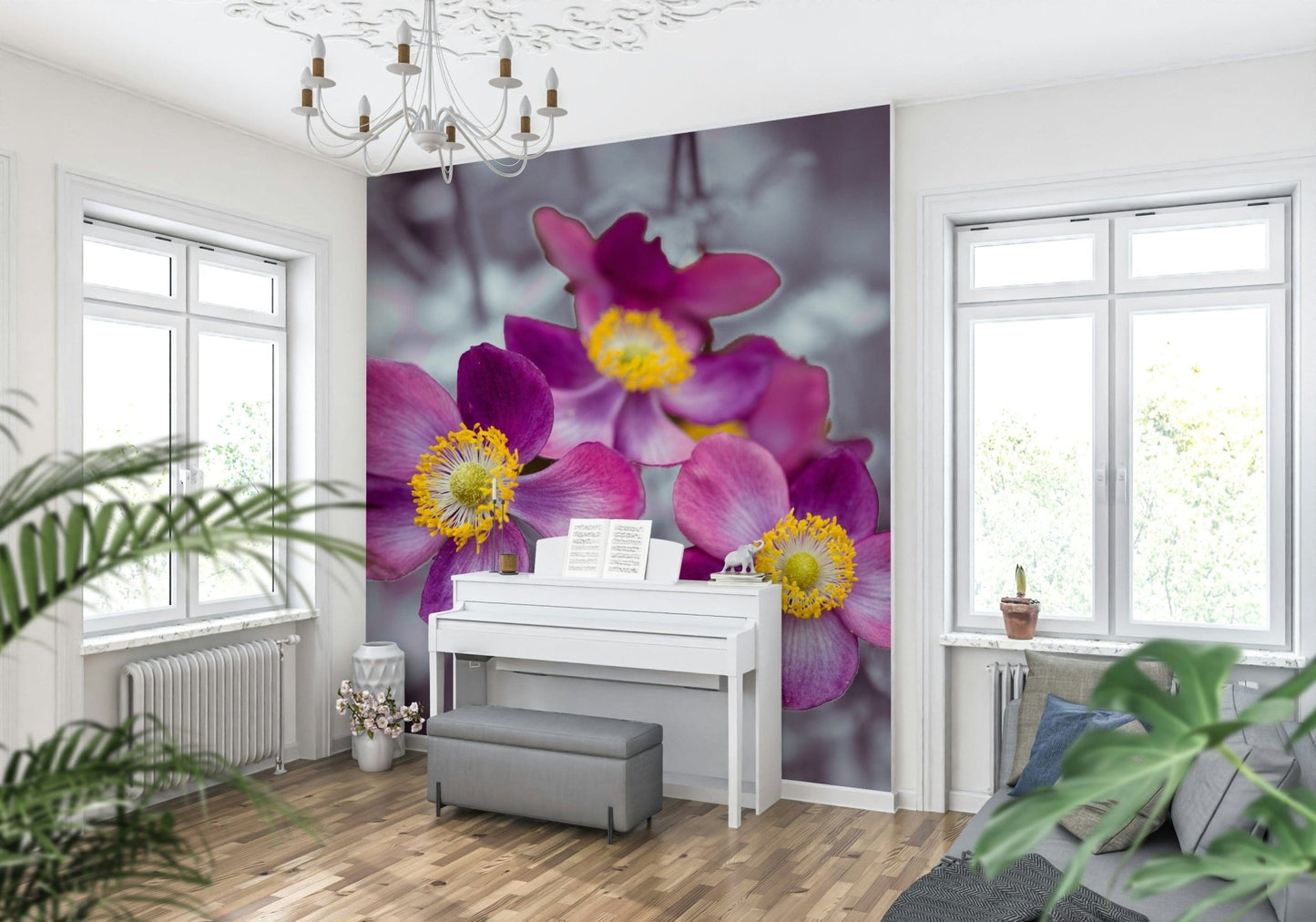 Dining room feature wall mural with anemone blooms, muted pink color, contemporary decor