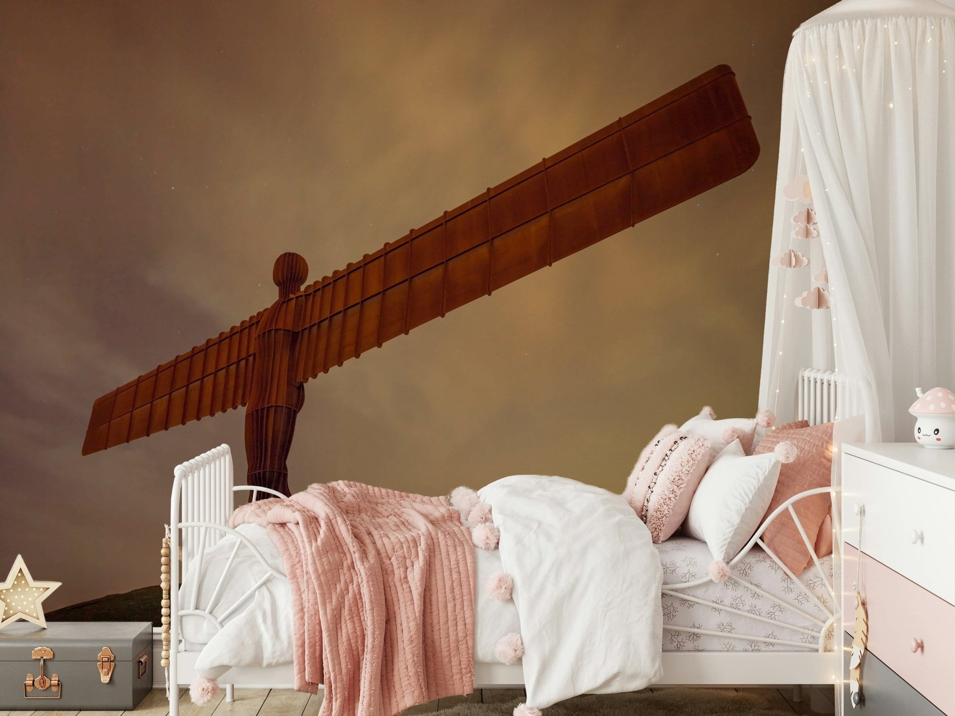 Rusty metallic Angel silhouette wallpaper, sculptural masterpiece, evening light.