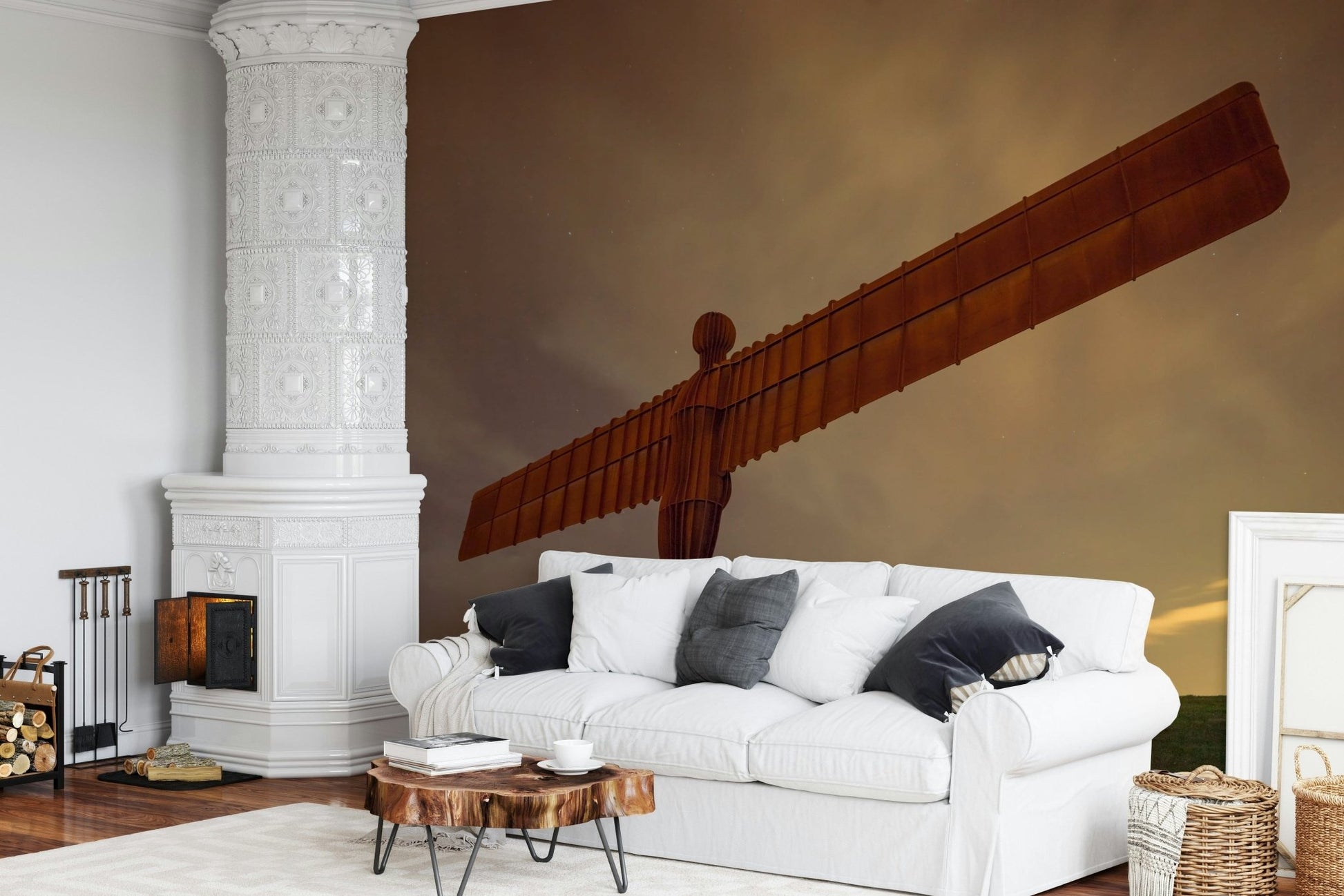 Giant weathered Angel statue wall mural, dark evening backdrop, artistic design.