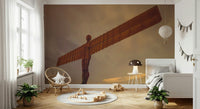 Eerie Angel of North statue wallpaper, brown steel, long exposure evening.