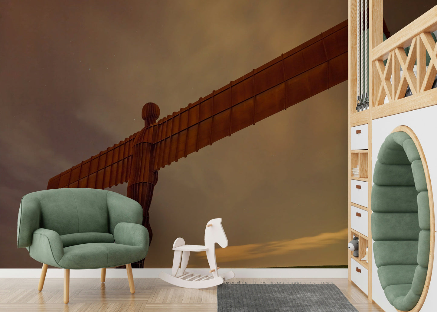 Angel of North landmark wall art, imposing iron figure, dramatic nocturnal view.