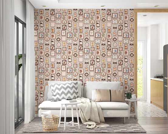 Animal Gallery Wall wallpaper mural with framed cartoon animals behind a white sectional sofa in a living room