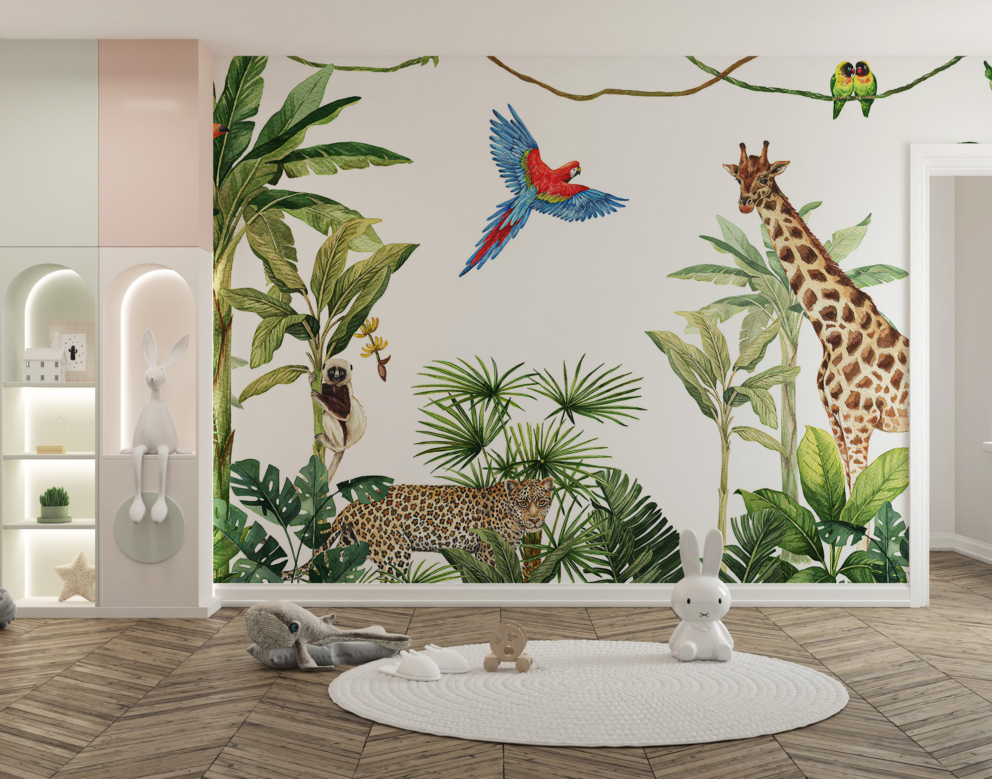 Animals Kingdom & Plants wallpaper mural shown as a full feature wall that highlights the design