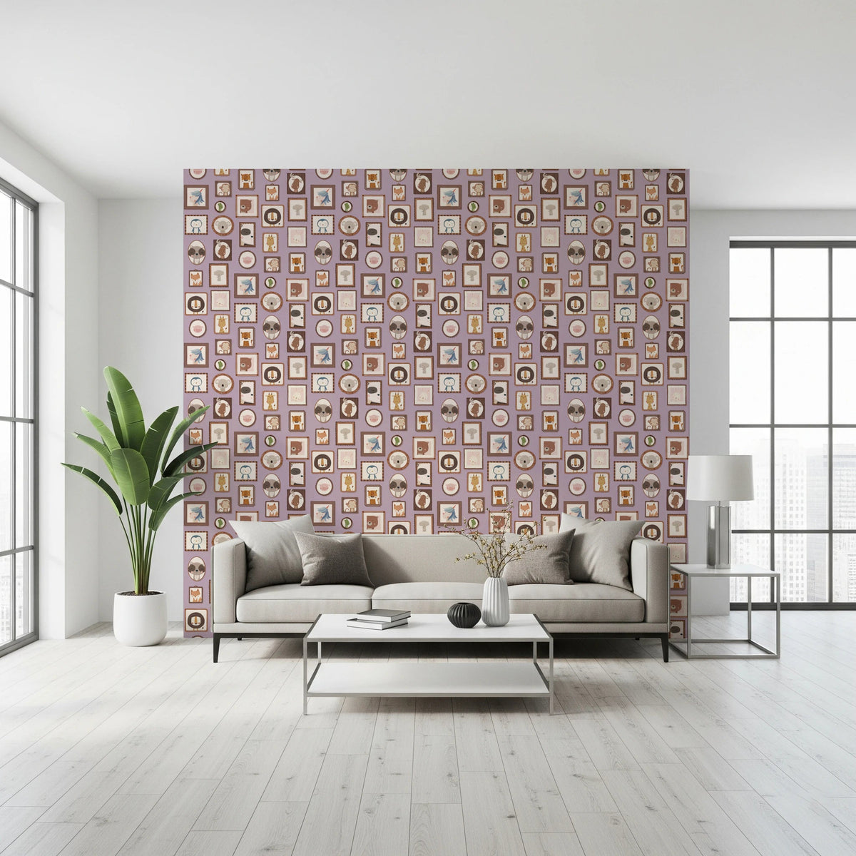Animal Portraits Gallery wallpaper in lilac behind a cream sofa and white coffee table in a living room
