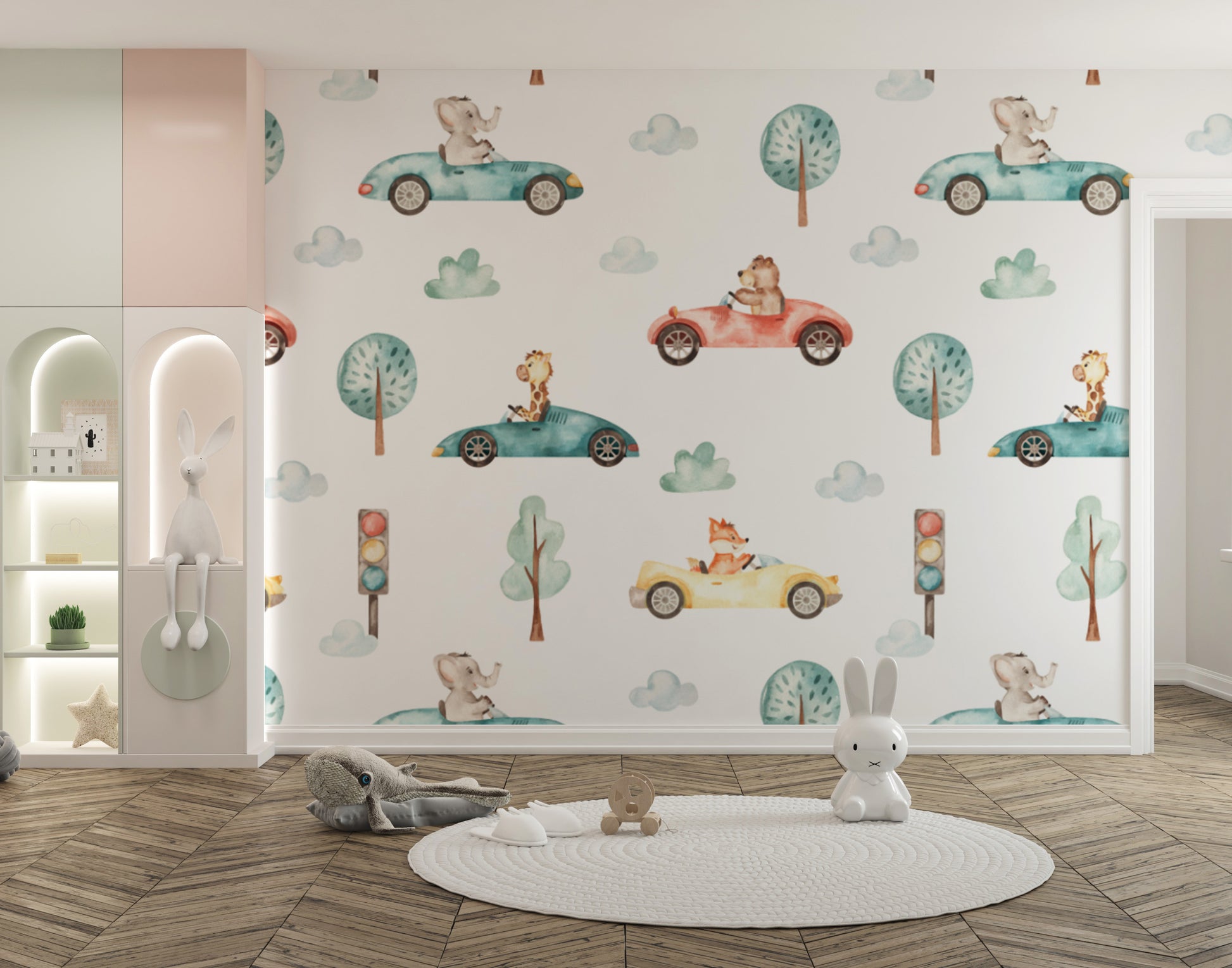 Fun kids' wallpaper with watercolor animal racing theme
