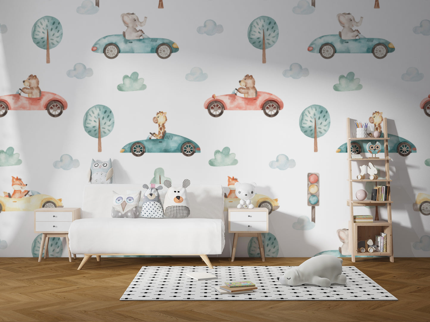 Animal racers mural with vibrant watercolor illustrations
