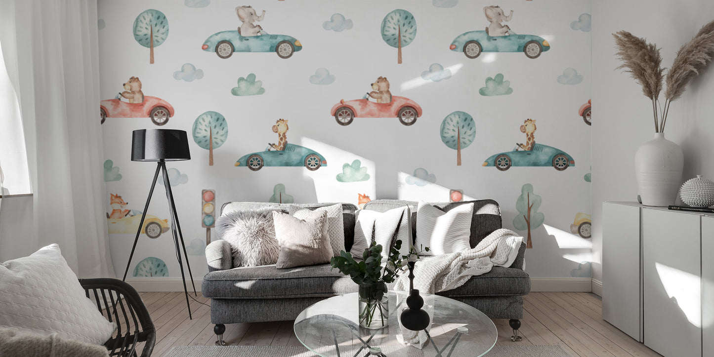 Watercolor wallpaper featuring animals racing on vehicles
