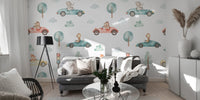 Watercolor wallpaper featuring animals racing on vehicles
