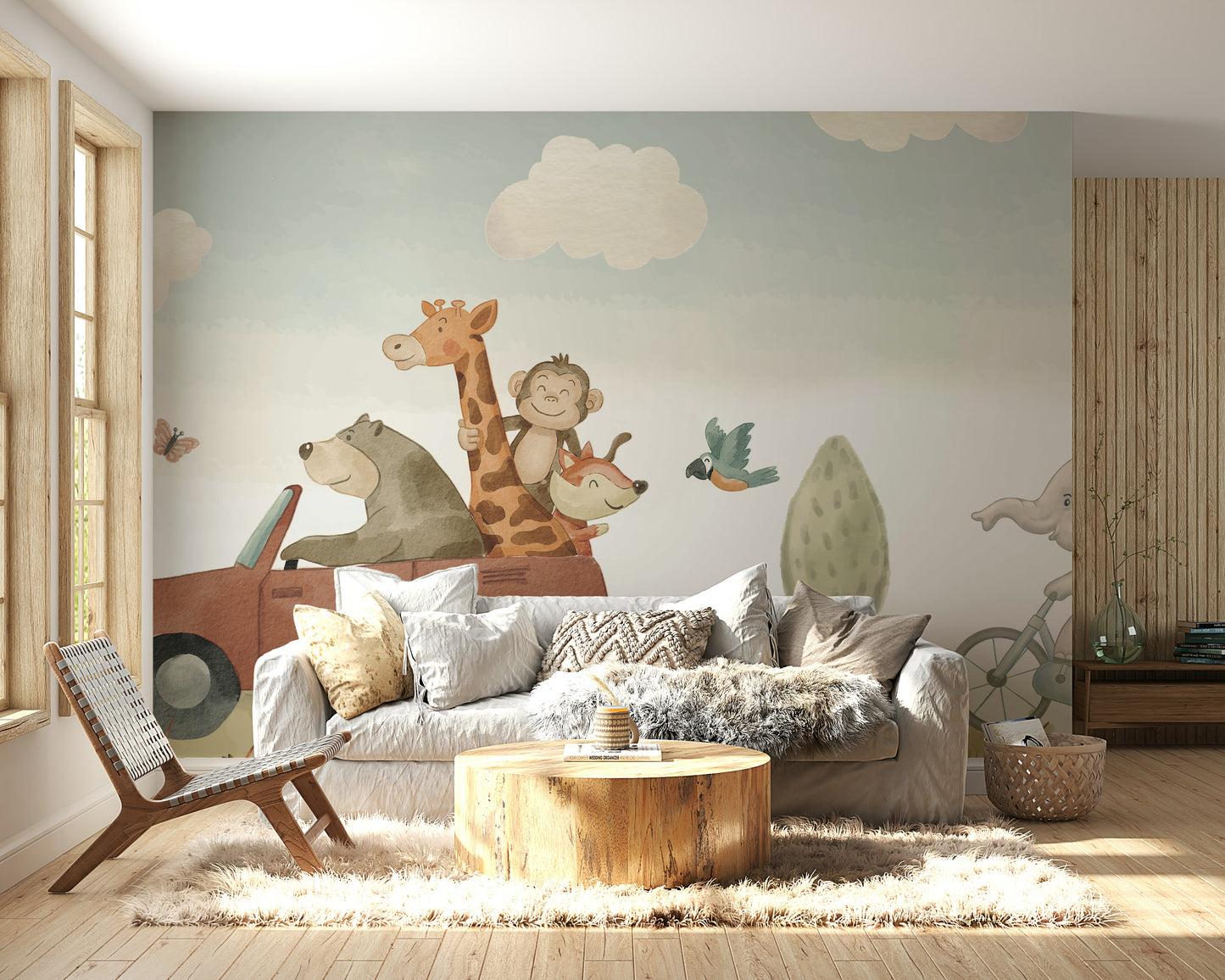 Cute safari animals in a red car wall mural