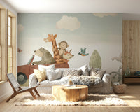 Cute safari animals in a red car wall mural