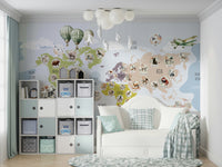 Whimsical Animal World Map kids room decor wallpaper