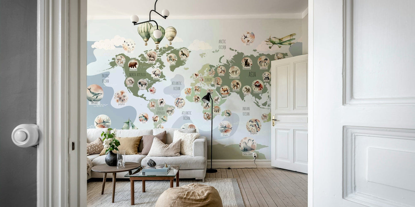 A globe wall covering with adventurous animals.

