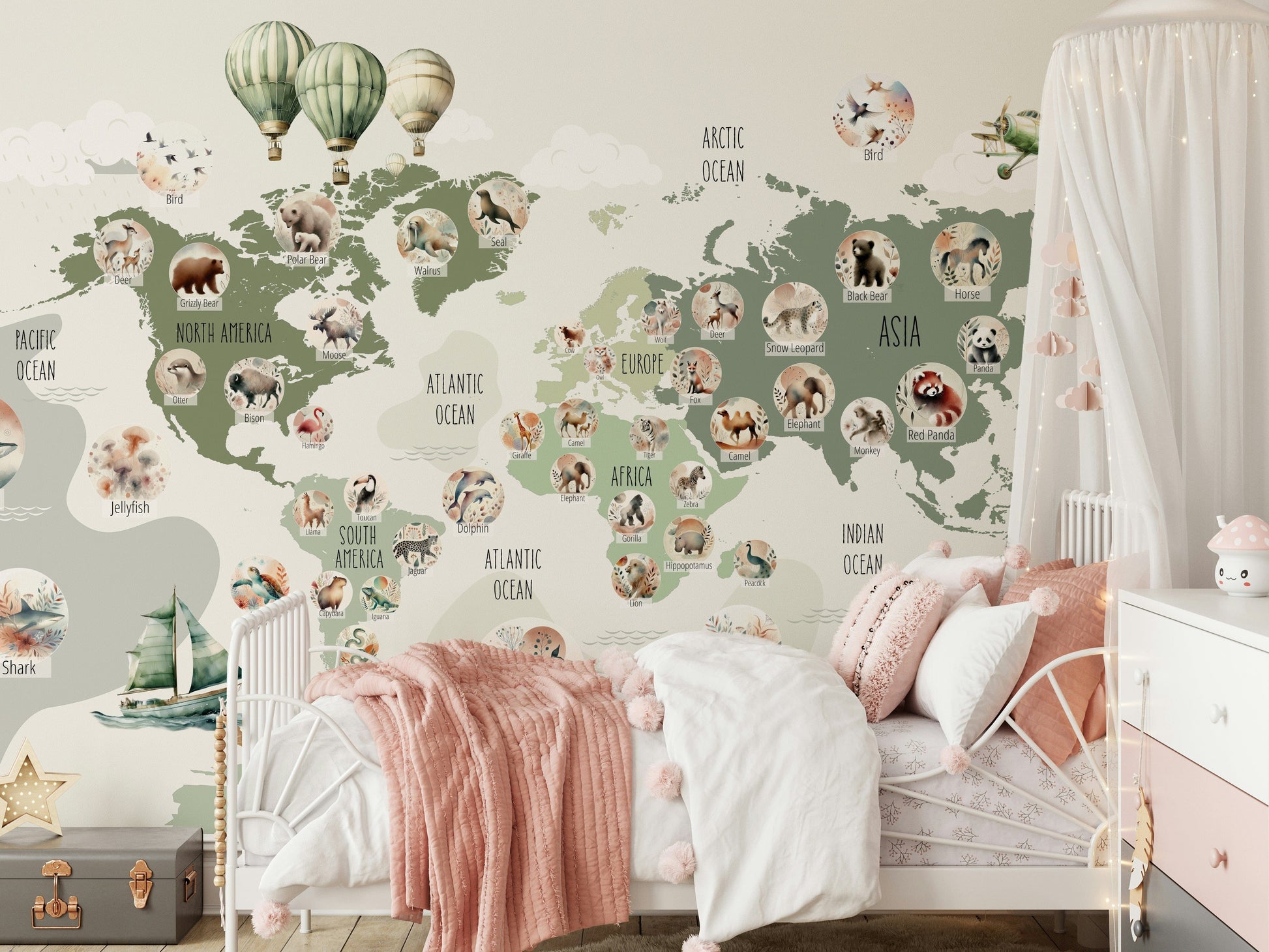 Green world map wall mural on home office feature wall.