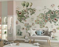 World map wallpaper in living room, green color palette with clean modern lines for wall decor