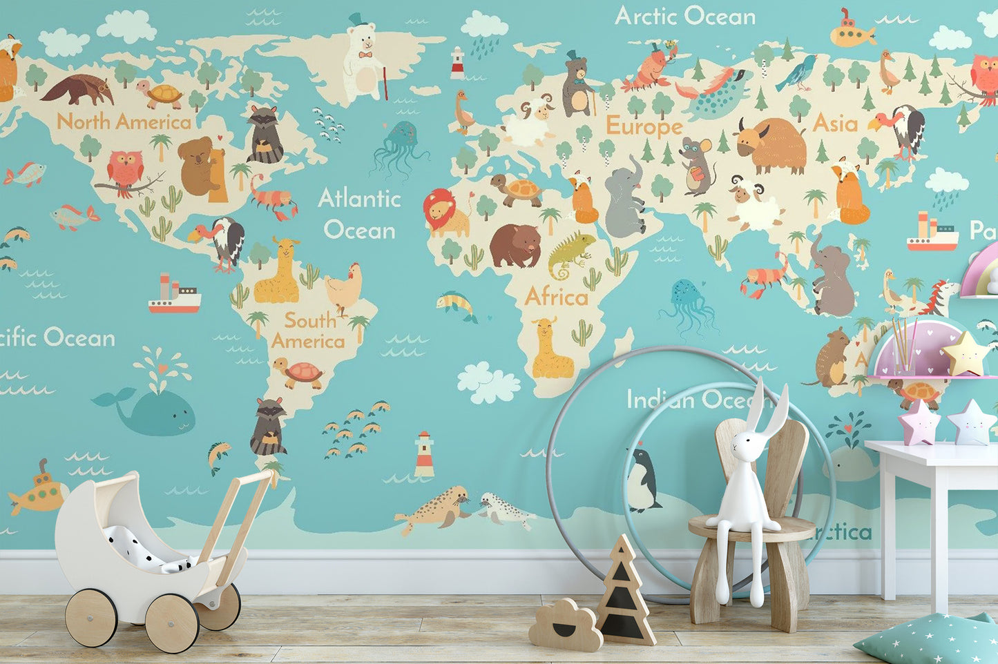 Colorful animal world map mural for kids
