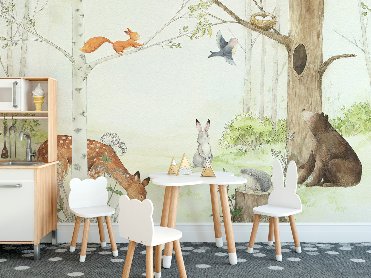Animals Enjoying Forest wallpaper mural shown as a full feature wall that highlights the design