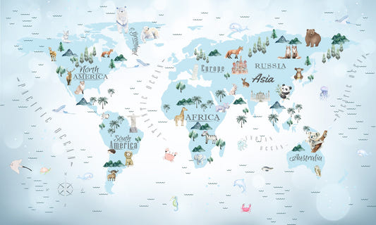 Blue Kids Room World Map Wallpaper Murales
