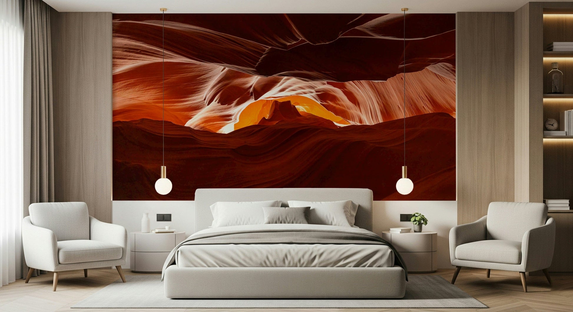 Large scale wall mural in an open plan studio apartment.