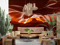 Neutral color palette wall mural in a bright sunlit dining area.