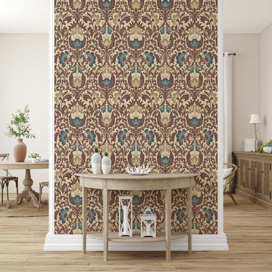 Vintage wall mural featuring muted mauve and teal botanicals.