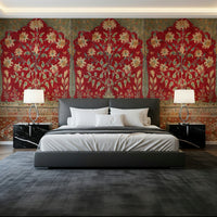 Vintage floral wall mural in a modern living room featuring muted green and beige tones.