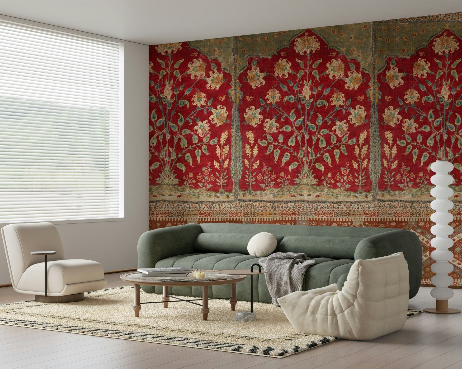 Antique garden scene mural used as a backdrop for a minimalist dining area.