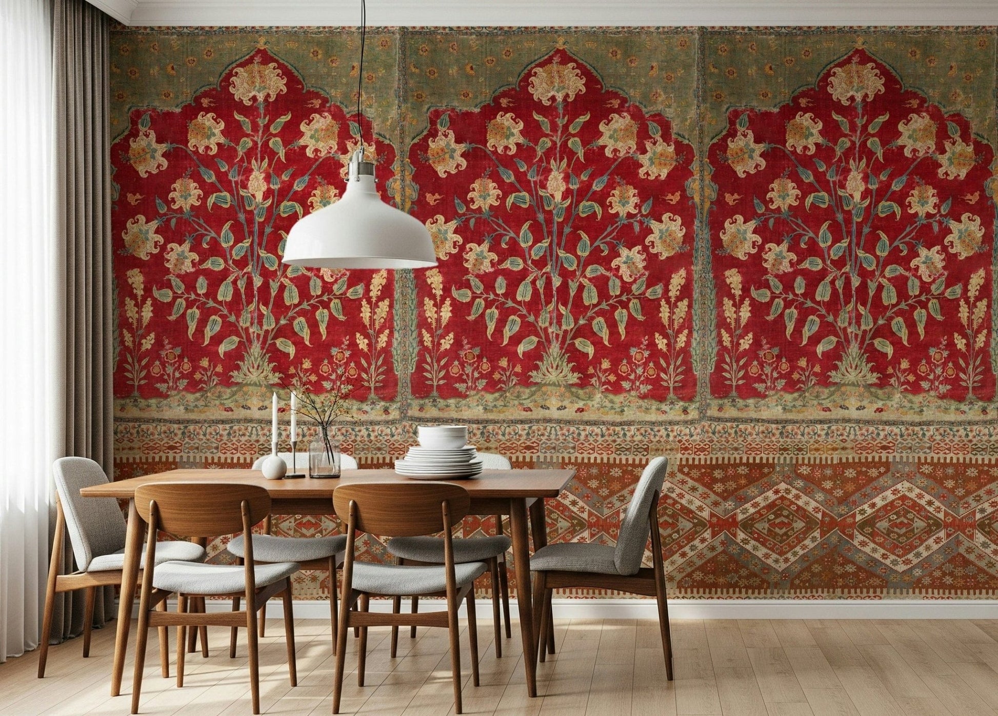 Antique Garden Tapestry Wall Mural installed behind a neutral sofa in a bright apartment.