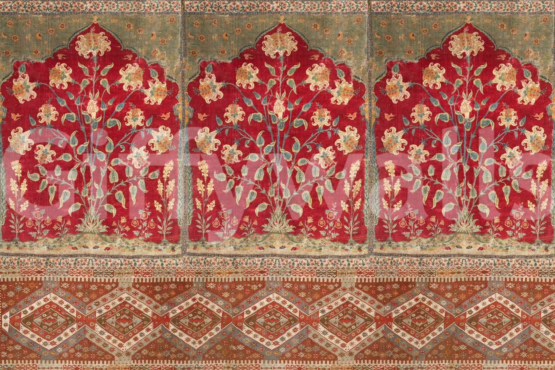 Faded floral wallpaper for a feature wall in a contemporary kitchen diner.