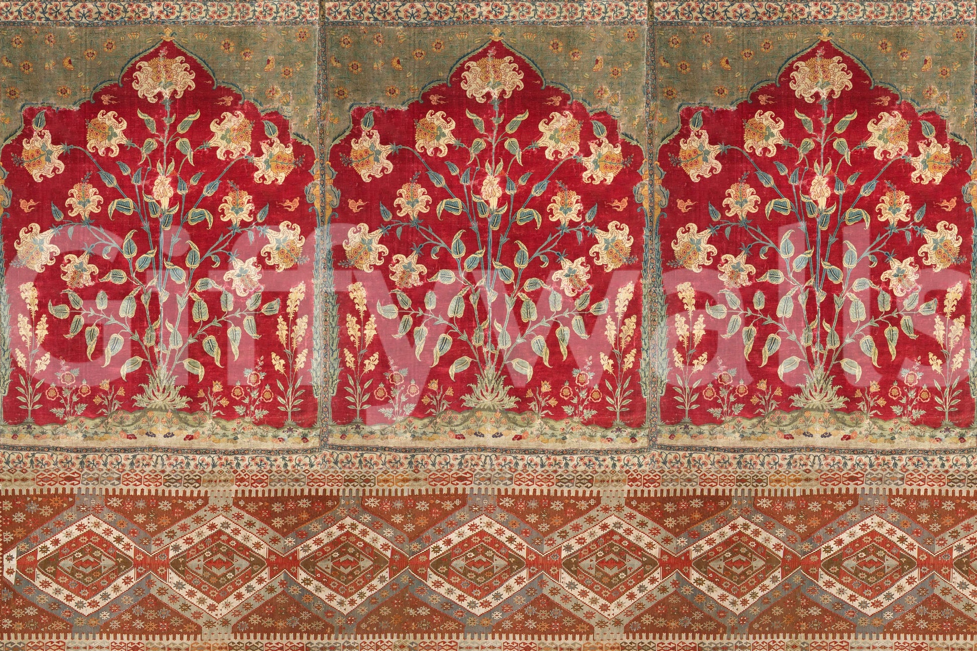 Faded floral wallpaper for a feature wall in a contemporary kitchen diner.