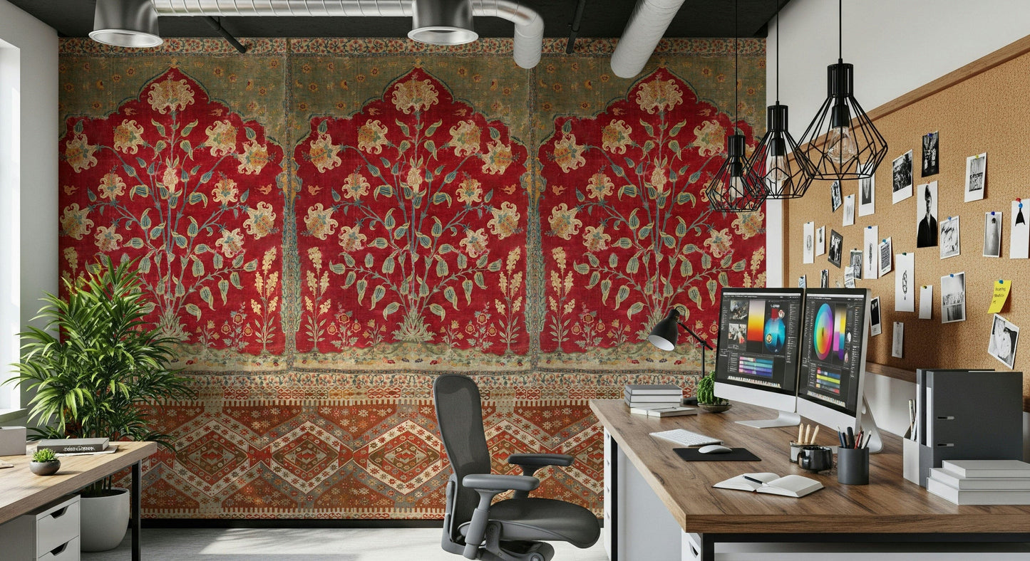 Matte finish wallpaper showing a weathered garden mural in a sunlit studio.