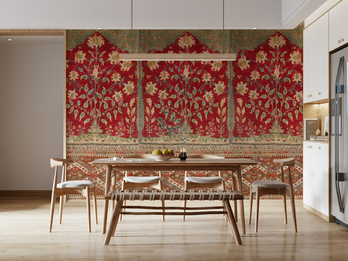 Sophisticated wall decor in a home office featuring a faded tapestry design.