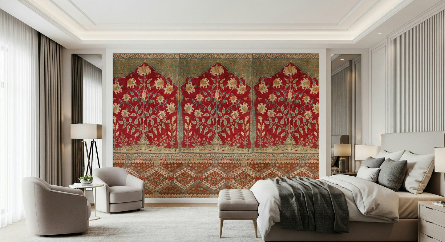 Traditional garden landscape wallpaper for a master bedroom accent wall.