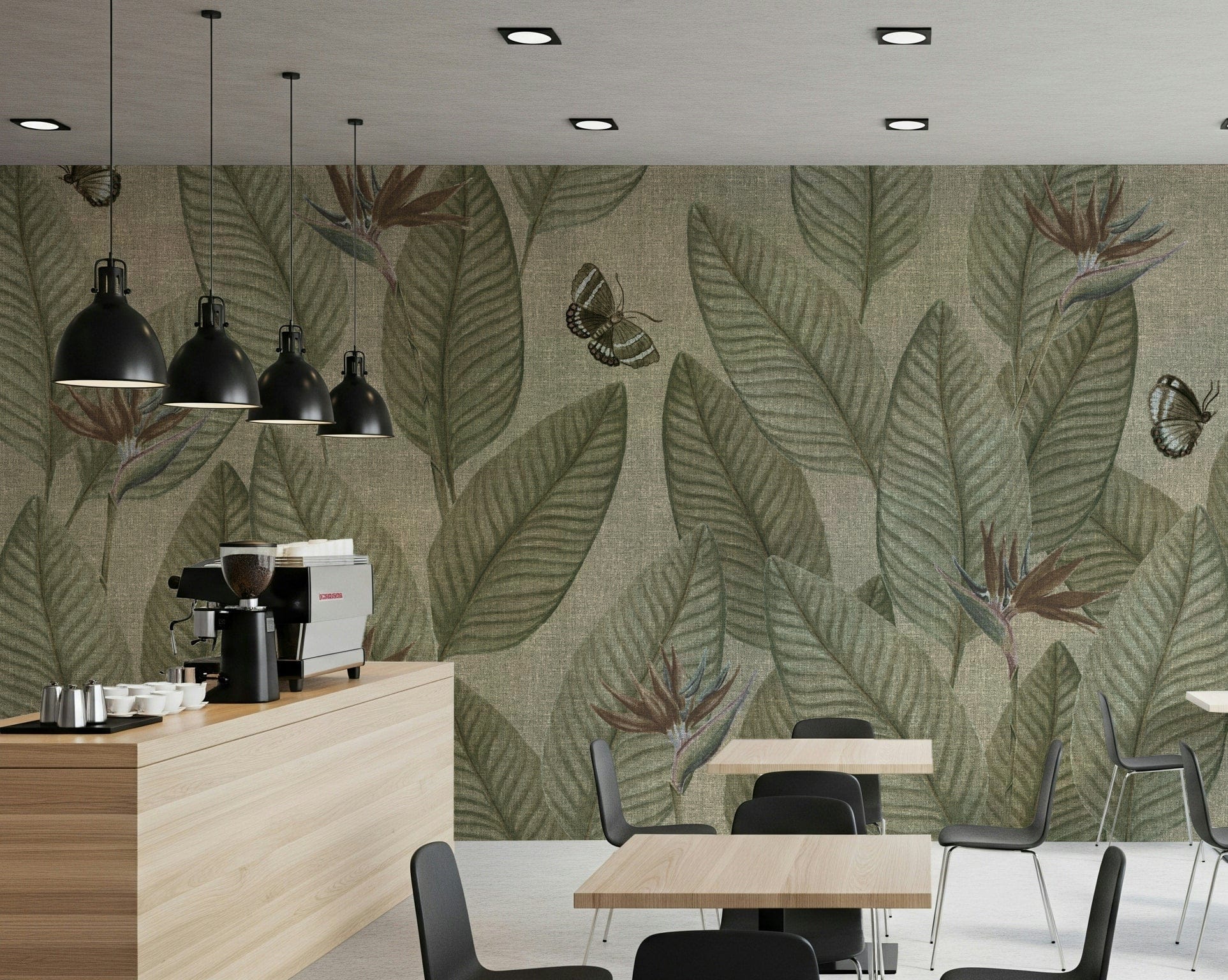 Monochrome faded greens for Jungle Life Antique elegant wallpaper.