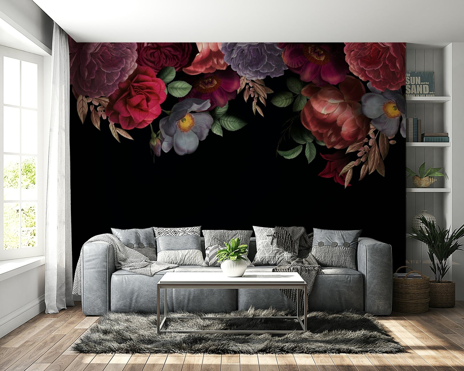 The colors are soft, muted tones of black, purple, and blue.

