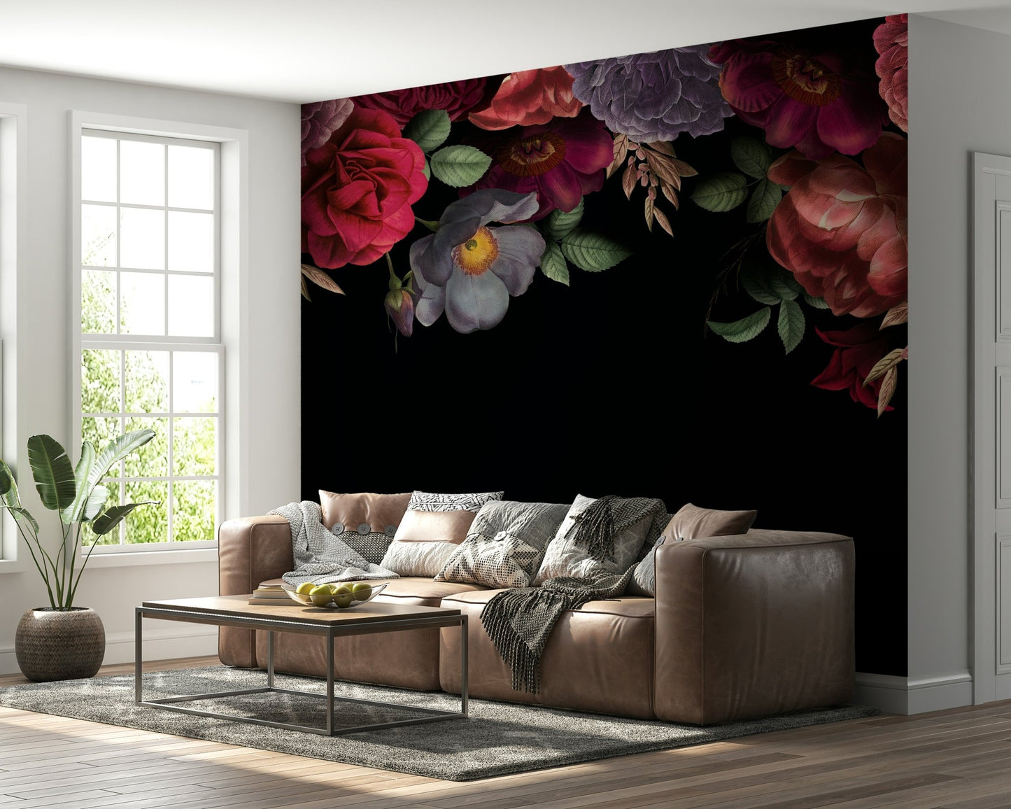 The roses and peonies are a central focus of the image.


