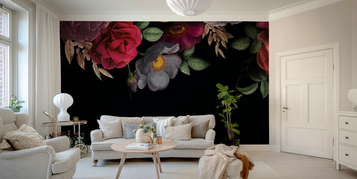 The image shows a peaceful, natural scene with dramatic roses and peonies.

