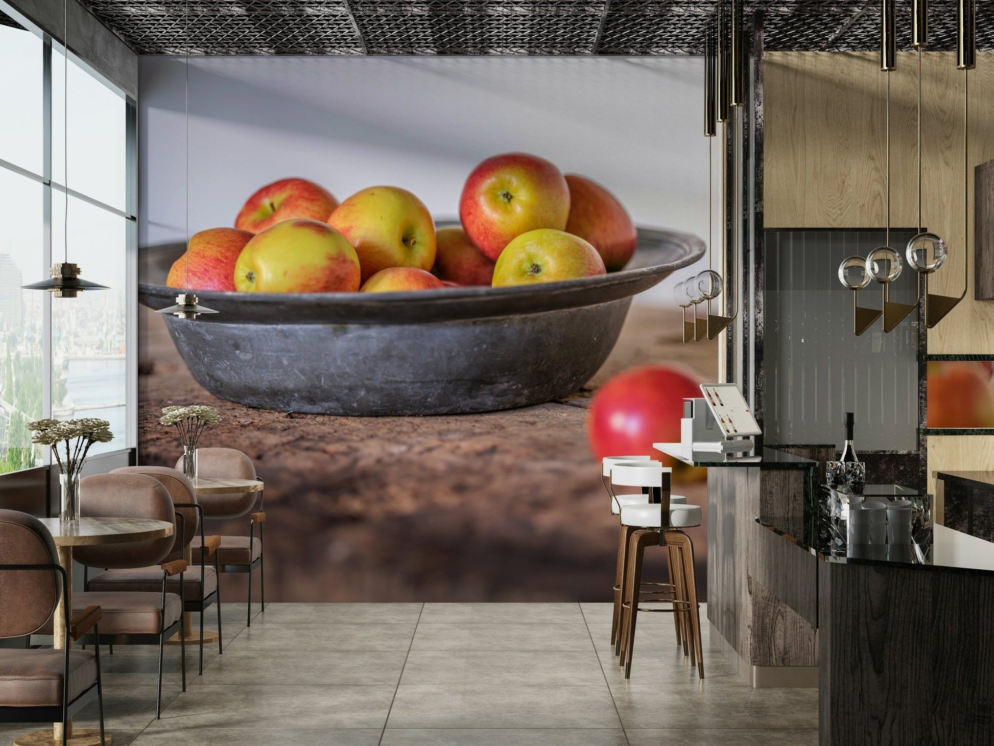 Apples and bowl wallpaper for a farmhouse-style kitchen


