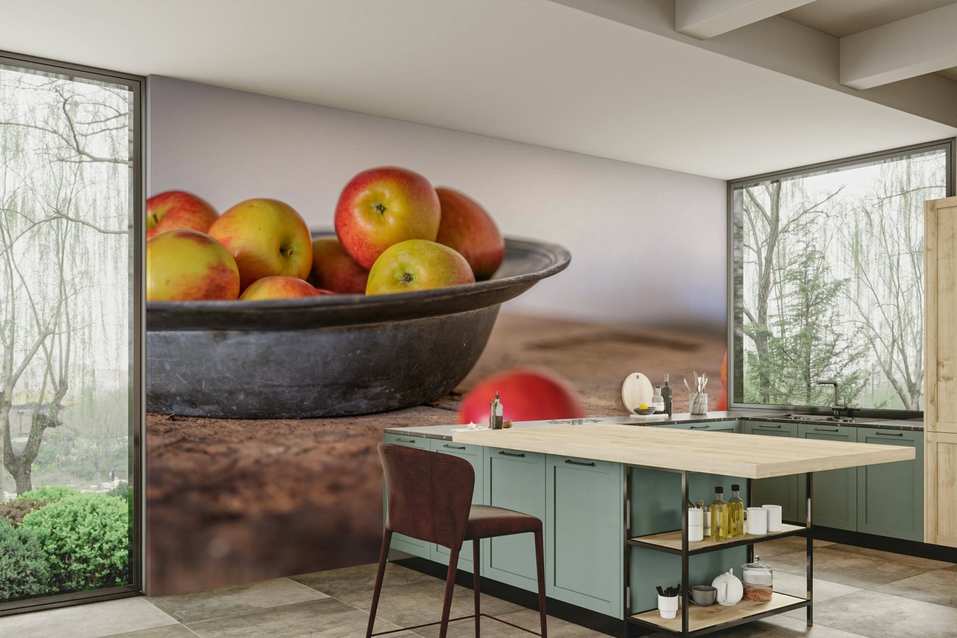Fresh apples in a metal bowl on a rustic wooden table

