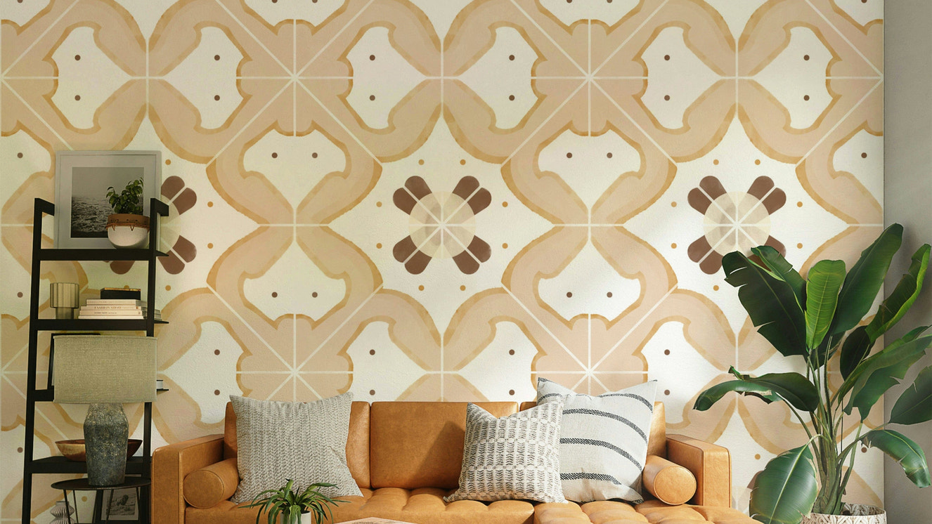 Textured wallpaper with an apricot tile design


