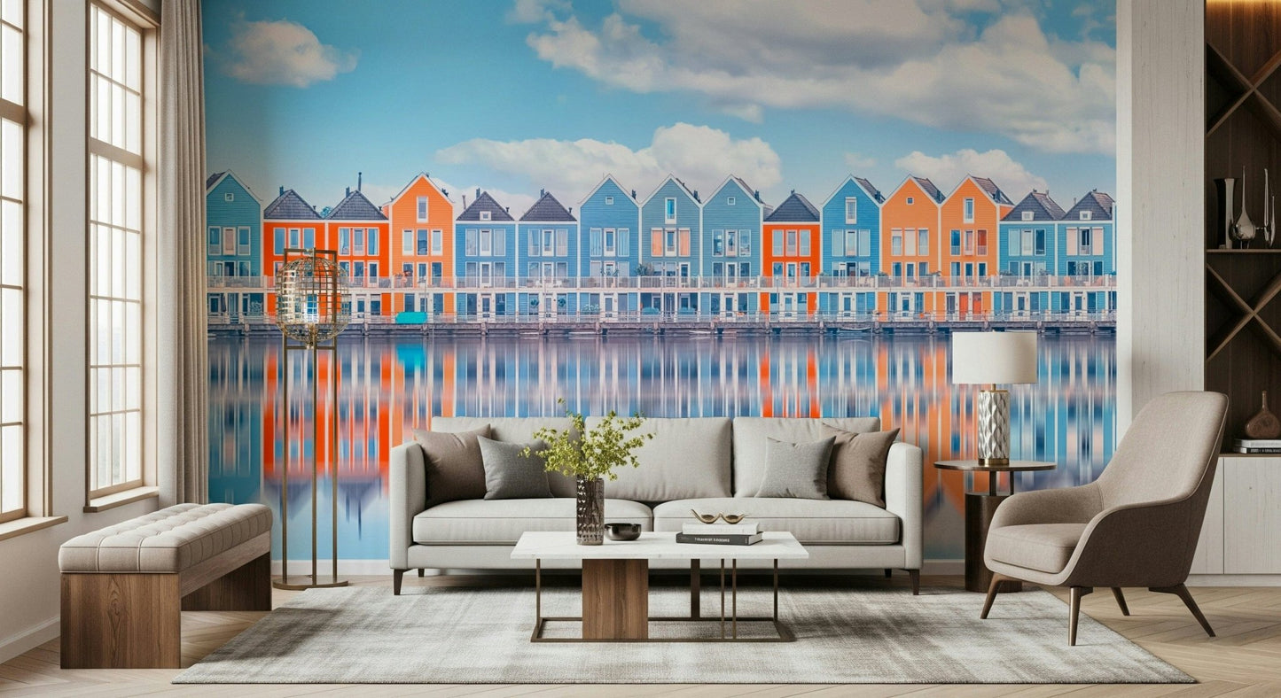 Aqua cottage row wall mural for bedroom with serene seaside architecture
