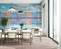 Waterfront cottage row mural featuring pastel aqua houses and sky