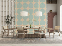 Neutral-toned wallpaper with oversized aqua round shapes arranged neatly in rows and columns