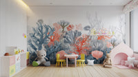 Elegant coral reef pattern on Aqua Gardens wallpaper.