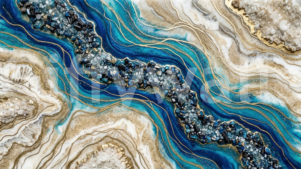 Aqua Gold Geode Flow - Abstract Marble Wall Mural