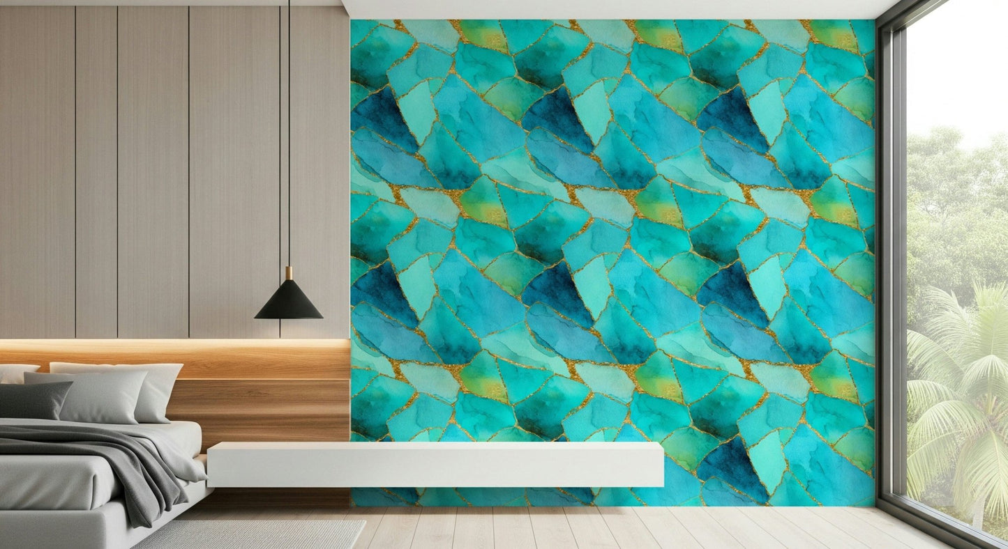 Artistic wallpaper featuring shimmering aqua marble with gold highlights