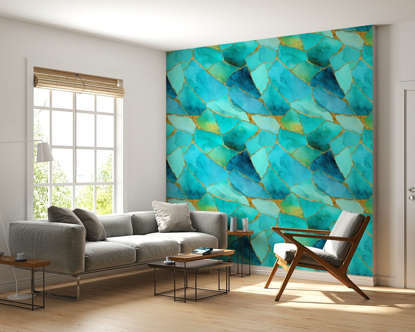 Contemporary wallpaper of aqua and gold marble creating a mosaic effect