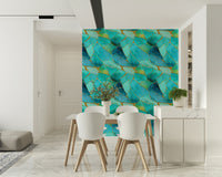 Sophisticated mosaic design combining aqua marble and metallic gold details